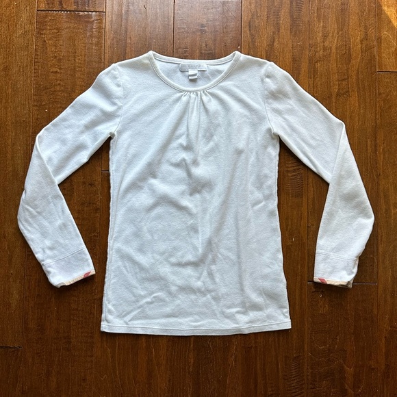 Burberry Girls Novacheck Cuff White Long Sleeve Tee T-Shirt Top Sz 10 - Picture 3 of 9